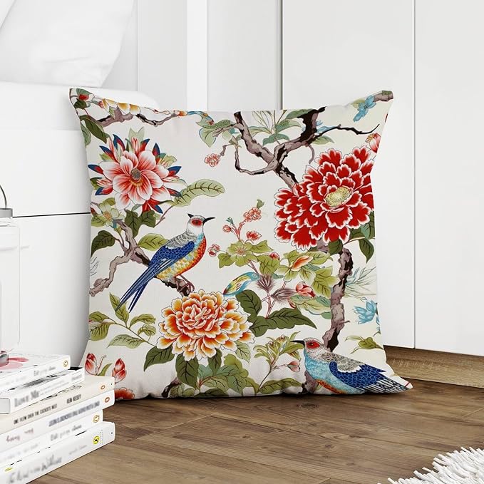 Pillowcase Chinoiserie Tree Peony Bird Pillow Covers Abstract Floral Coral Turquoise Pillow Cover Accent Throw Pillow Covers Farmhouse Decorative for Patio Couch Sofa 18x18 in