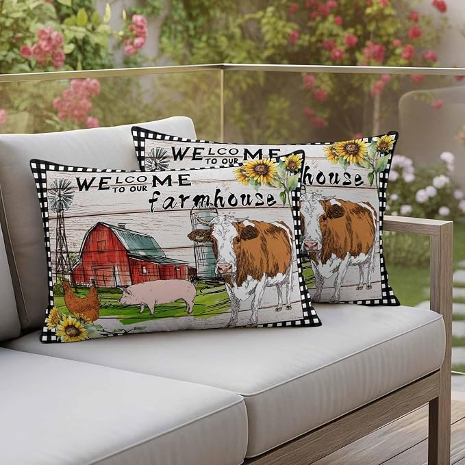 Outdoor Waterproof Pillow Covers 20x12Inch Farmhouse Animal Barn Chicken Pig Cow Throw Pillowcases for Patio Garden Couch Sofa Retro Wood Grain Farm Scene Decorative Cushin Case,Pack of 2