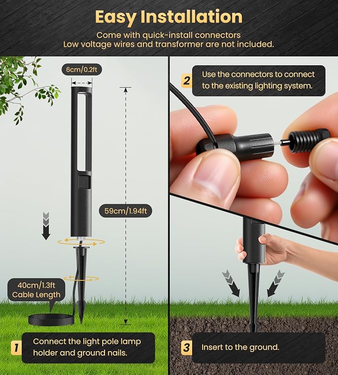 MEIKEE 5W Low Voltage Path Lights, 12-24V Auto On/Off Landscape Lighting | 2700K Warm White, IP66 Waterproof, Aluminum Garden Lights with 80W Transformer 50FT Cord for Pathway, Yard, Lawn 6-Pack