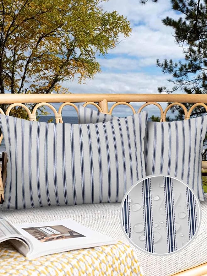 Outdoor Waterproof Throw Pillow Covers Set of 2 Blue Stripe Lumbar Pillowcases 20x12 Inches Vertical Striped Patio Decorative Pillows Cushion Case Patio Pillows for Couch Bed Chair Garden