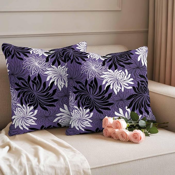 Yukro Purple Black Floral Outdoor Waterproof Pillow Covers Pack of 2, Vintage White Black Flower Purple Decorative Throw Pillowcases Cushion Covers for Garden Patio Tent Sofa Couch, 20x20 inch