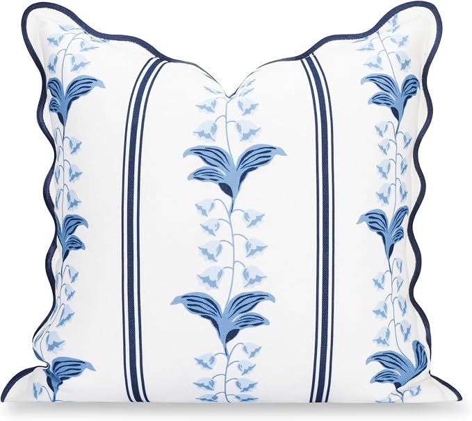 Hofdeco Premium Coastal Hampton Patio Indoor Outdoor Throw Pillow Cover Only, 20"x20" Water Repellent for Backyard, Couch, Poolside, Azure Navy Blue Print Watercolor Striped Lily of the Valley