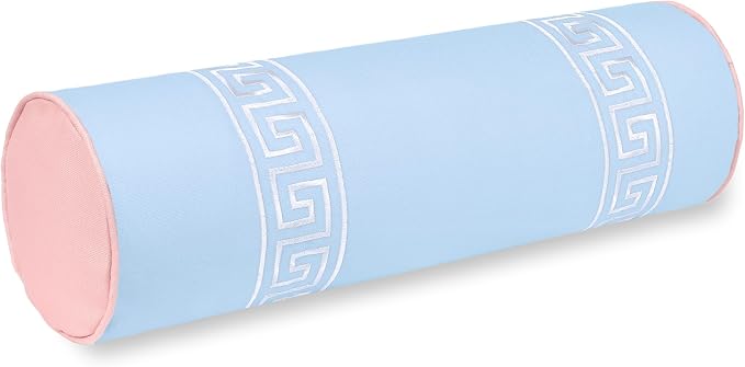 Hofdeco Premium Coastal Grandmillennial Patio Indoor Outdoor Bolster Pillow Cover Only, 8"x24" Water Repellent for Backyard, Couch, Poolside, Baby Blue Pink Embroidered Greek Key