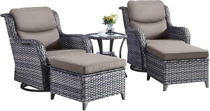 Rilyson Wicker Patio Furniture Set - 5 Piece Rattan Outdoor Sectional Conversation Sets with 2 Swivel Rocking Chairs,2 Ottomans and 1 Side Table for Porch Deck Garden(Mixed Grey/Grey/Smile)