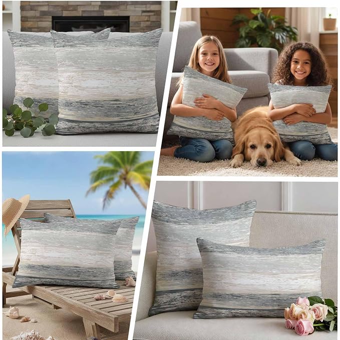 Outdoor Waterproof Throw Pillow Covers, Vintage Black Grey Decorative Pillow Cases, Farmhouse Barn Wooden Striped Couch Pillow Protector Patio Sofa Cushion Covers Replacement 24"x24" 2 Pack