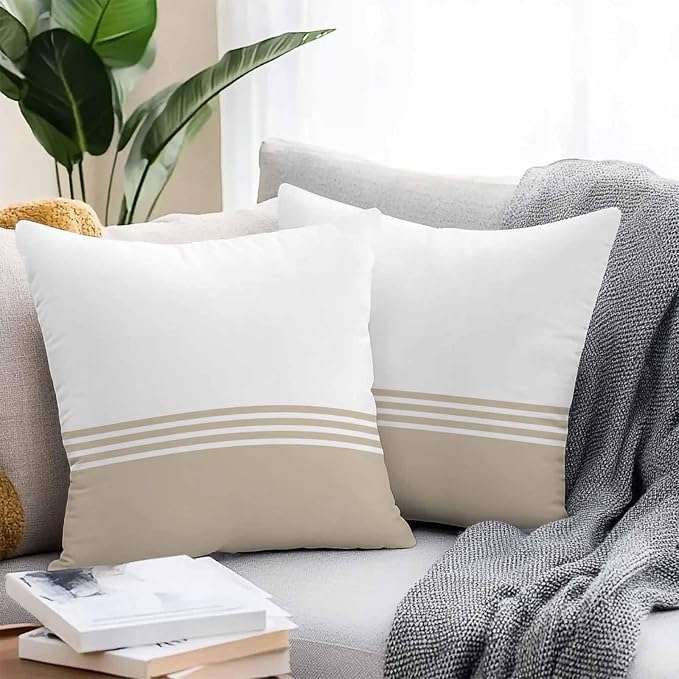 Throw Pillow Covers 20x20 Inch Set of 2, Beige White Striped Waterproof Outdoor Cushion Covers, Modern Abstract Art Aesthetics Decorative Pillowcases for Couch, Sofa, Bed, Garden, Patio