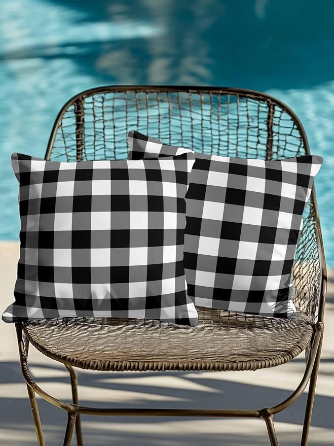 Waterproof Outdoor Pillow Set of 2 Black Buffalo Plaid Decorative Throw Pillows Cover & Insert 16x16 Inch Pillowcase Check Lines Square Pillows for Couch Sofa Bed Patio Furniture Indoor Outdoor