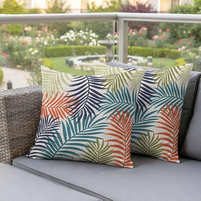 Green Blue Palm Leaves Outdoor Pillow Covers 20"x20" Set of 2, Summer Botanical Vintage Tropical Leaf Rustic Waterproof Throw Pillow Covers for Patio Furniture, Decorative Cushion Covers for Porch