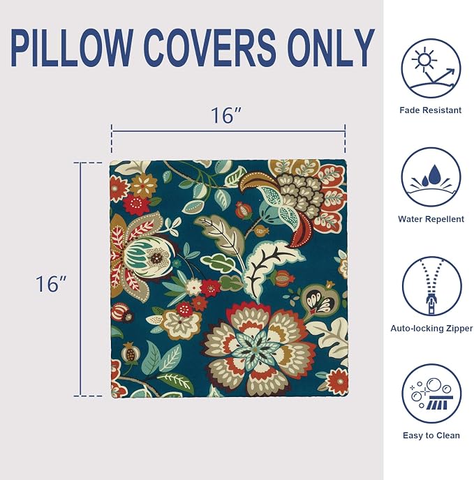 Outdoor 16x16 Inch Throw Pillow Covers Set of 2, All Weather Square Pillow Cases, Patio Cushion Pillow of Home Furniture Use, Peacock Blue