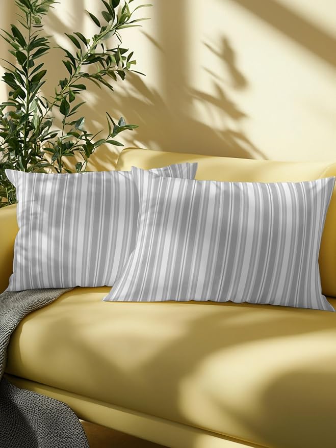 Waterproof Outdoor Pillow Set of 2 Grey Stripes Decorative Throw Pillows Cover & Insert 20x12 Inch Lumbar Pillowcase White Lines Lines Pillows for Couch Sofa Bed Patio Furniture Indoor Outdoor