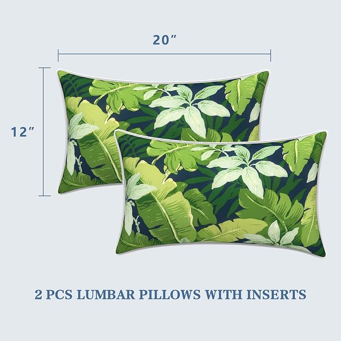 LVTXIII 2 Pack Outdoor Lumbar Pillows 12x20 Inch with White Piping, Fade Resistant Support Throw Pillows with Inserts for Patio Furniture, Sofa, Chair, Jungle Leaves