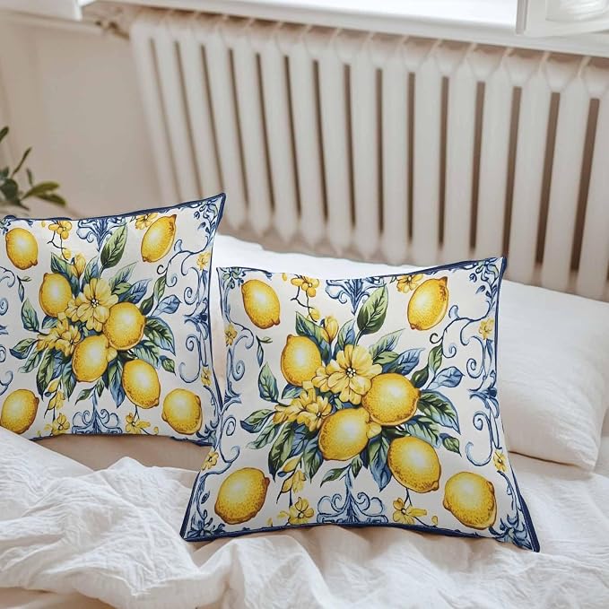 Throw Pillow Covers 18x18 Inch Set of 2, Yellow Lemon Waterproof Outdoor Cushion Covers, Middle Century Blue Italian Textured Decorative Pillowcases for Couch, Sofa, Bed, Garden, Patio