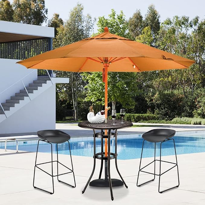 Outdoor Cast Aluminum Round Bar Table with Die Cast Tabletop in One Body and Strong Fixed Ring,Weatherproof Bar Height Cocktail Table with Umbrella Hole and Adjustable Foot Pads,Bronze