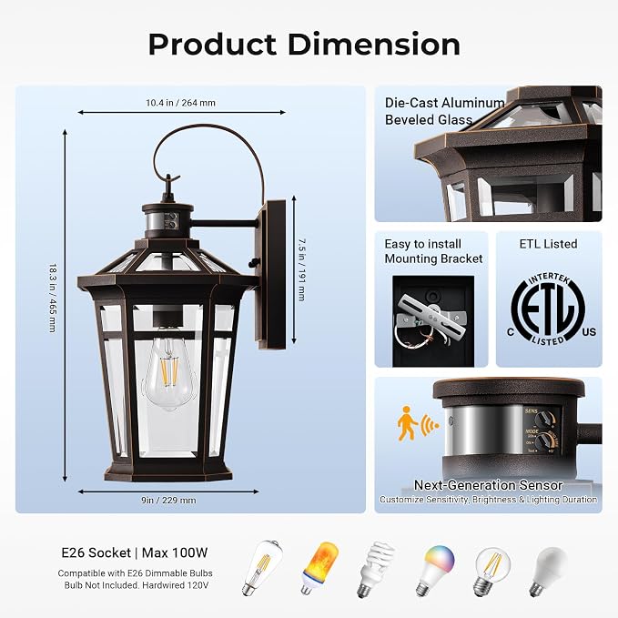 VIANIS Motion Sensor Outdoor Porch Lights Wall Mount, Aluminum Dusk to Dawn Outdoor Lighting for House Exterior Wall Sconce, Waterproof Oil Rubbed Bronze Gold Trim Exterior Lighting Fixtures for Patio