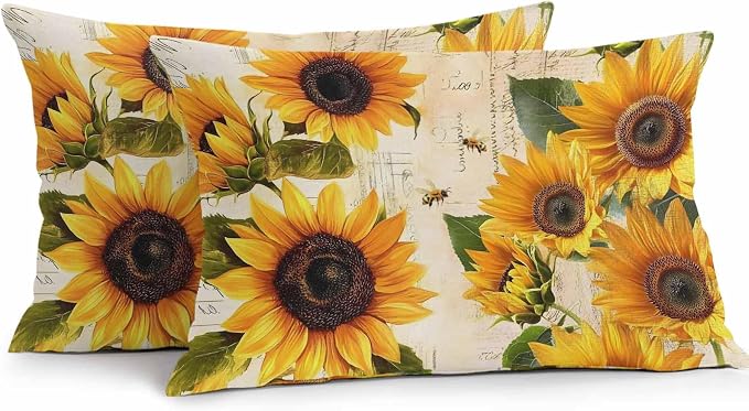 Lumbar Pillow Covers 20x12 Inch Set of 2, Yellow Sunflowers Waterproof Outdoor Cushion Covers, Country Vintage Botanical Floral Decorative Pillowcases for Couch, Sofa, Bed, Garden, Patio