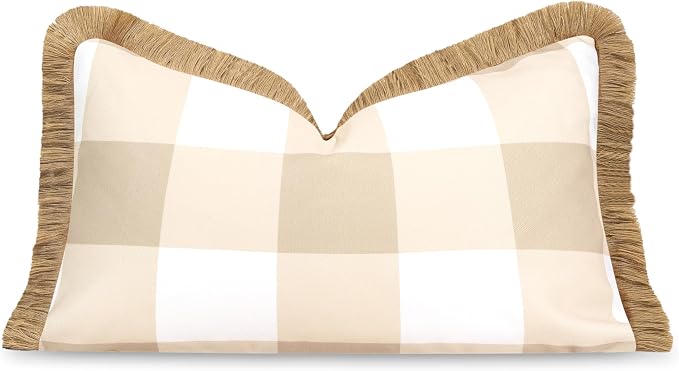 Hofdeco Premium Coastal Patio Indoor Outdoor Lumbar Pillow Cover Only, 12"x20" Water Repellent for Backyard, Couch, Neutral Tan Plaid with Fringe