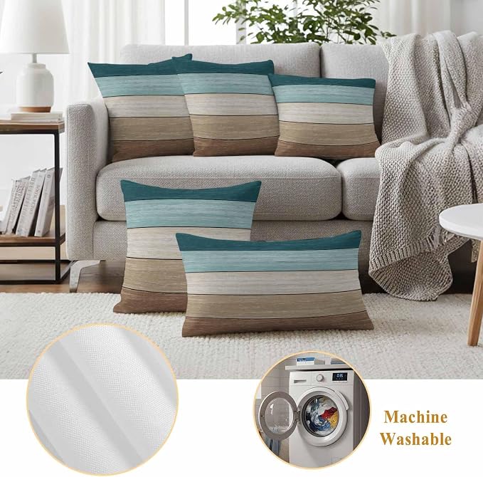 Vandarllin Outdoor Throw Pillow Covers 18X18 Set of 2 Waterproof Teal Blue Brown Decorative Zippered Cushion Covers for Patio Furniture, Farmhouse Retro Rustic Barn Wood Texture Lumbar Pillowcases