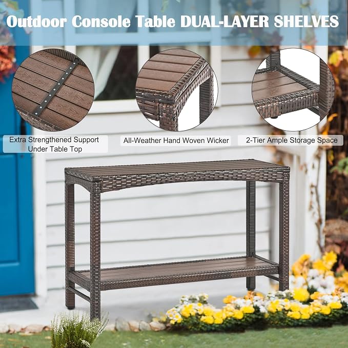 Outdoor Console Table Patio Buffet Bar Storage Organizer 45" Long Wicker Sofa Serving Sideboard Table 2-Shelf Outdoor Bar Table Tall Rectangle Narrow with Adjustable Feet for Entryway Balcony Brown