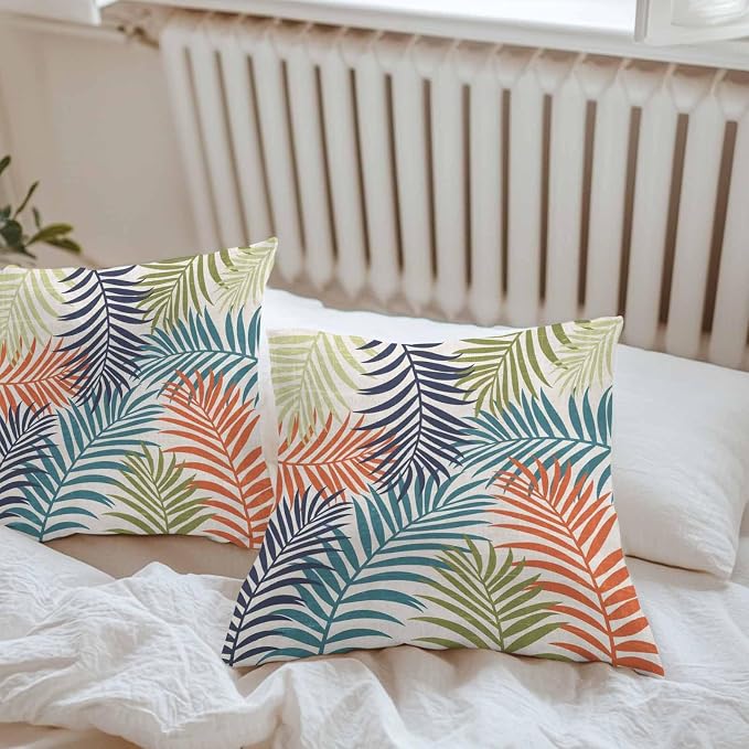Green Blue Palm Leaves Outdoor Pillow Covers 26"x26" Set of 2, Summer Botanical Vintage Tropical Leaf Rustic Waterproof Throw Pillow Covers for Patio Furniture, Decorative Cushion Covers for Porch