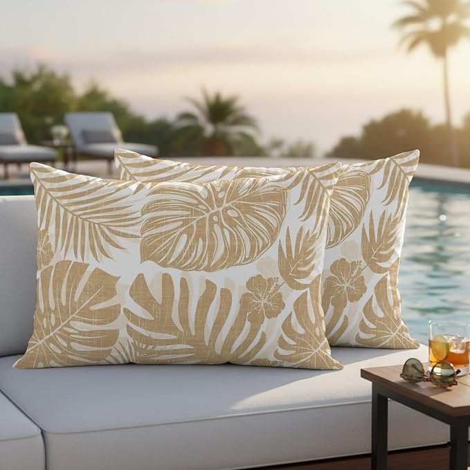 Khaki Palm Leaves Outdoor Pillow Covers 20"x12" Set of 2, Tropical Botanical Minimalist Modern Waterproof Throw Pillow Covers for Patio Furniture, Decorative Cushion Covers for Porch