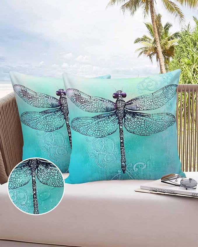 Vandarllin Outdoor Throw Pillows Covers 20x20 inch Set of 2 Waterproof Watercolors Dragonfly Decorative Zippered Cushion Covers for Patio Furniture, Teal Painting Lumbar Pillowcases