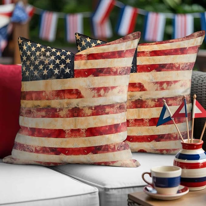 Independence Day Outdoor Pillow Covers 18"x18" Set of 2, Retro Country American Flag Waterproof Throw Pillow Covers for Patio Furniture, Decorative Cushion Covers for Porch