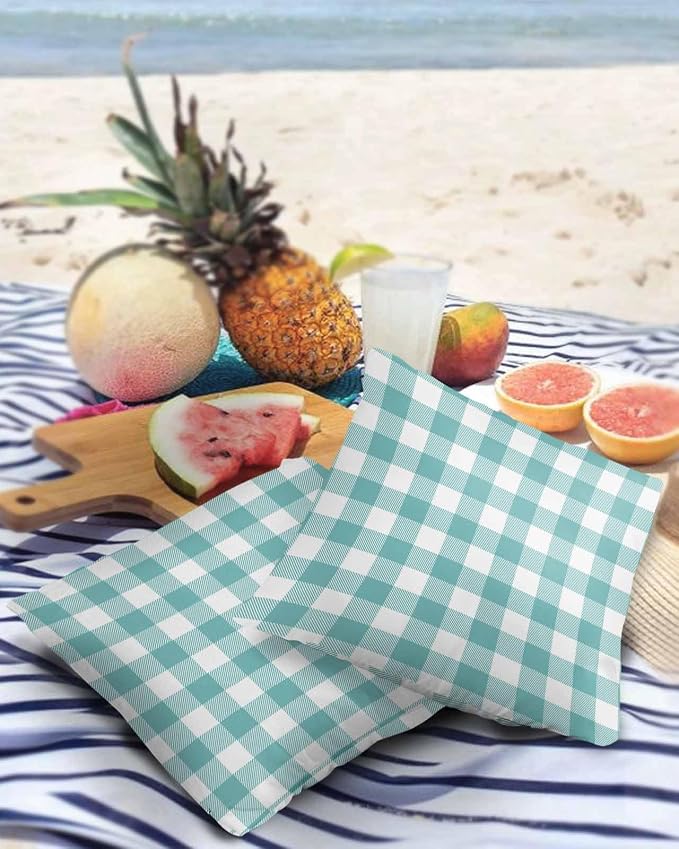 Outdoor Waterproof Throw Pillow Covers Set of 2 Teal Green White Check Plaid Pillowcases 20x20 Inches Farmhouse Style Patio Decorative Pillows Cushion Case Patio Pillows for Couch Bed Chair Garden