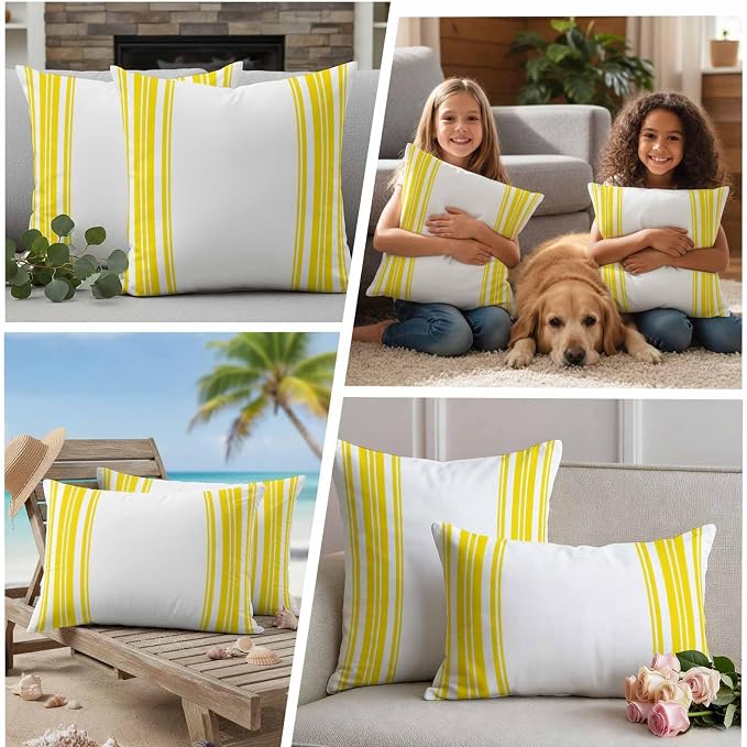 Outdoor Waterproof Throw Pillow Covers Set of 2 Yellow Stripes Pillowcases 24x24 Inches White Vertical Striped Decorative Pillows Cushion Case Patio Pillows for Couch Bed Chair Garden