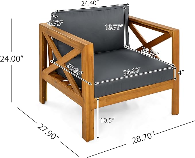 Merax Outdoor 4-Piece Acacia Wood Conversation Set - Patio 3-Seat Loveseat Sofa Daybed with Cushion, 2 Armchair and Round Coffee Table for Backyard, Lawn, Balcony, Teak+Dark Gray