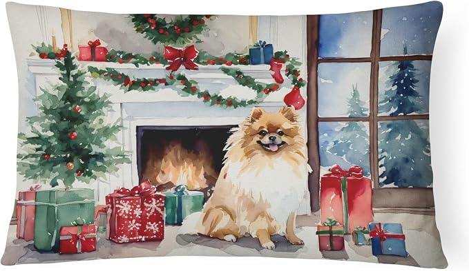 Caroline's Treasures DAC2722PW1216 Pomeranian Cozy Christmas Throw Pillow Machine Washable, Indoor Outdoor Decorative Pillow for Couch, Bed or Patio, 12HX16W
