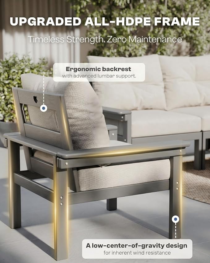 3 Piece HDPE Outdoor Patio Furniture Set, All-Weather 2 Armchairs with Side Table, Patio Conversation Set with Beige Washable Thick Cushion for Balcony, Porch (Grey Frame)