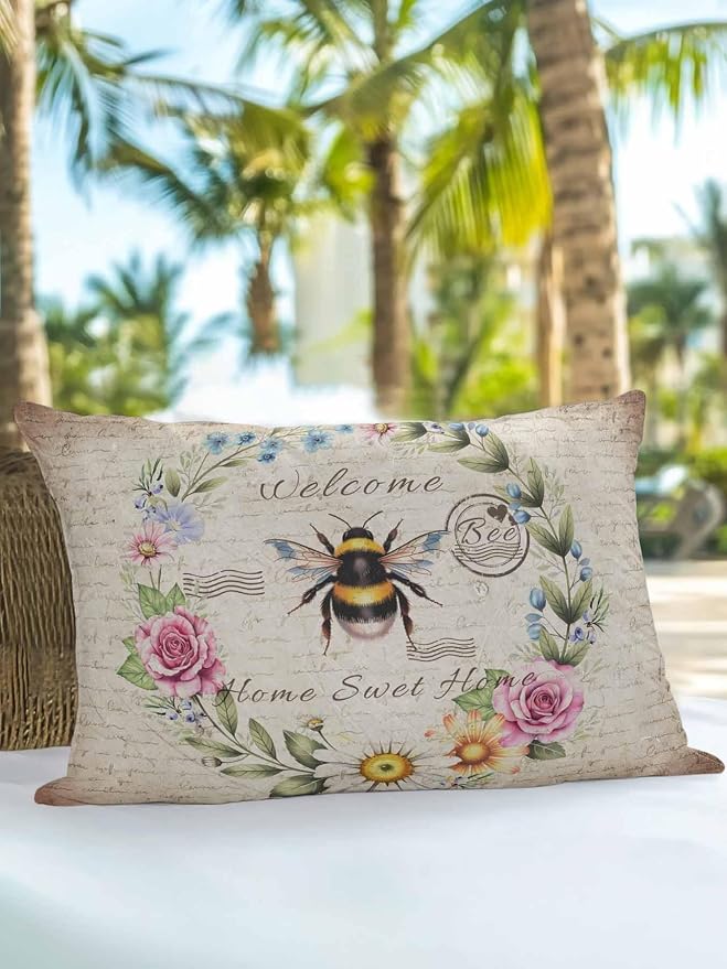 Outdoor Waterproof Throw Pillows Farmhouse Flower Leaf Wreath Patio Pillows,Decorative Pillow Covers with Insert,Pillow Cushion Case for Garden Couch Sofa Rustic Bee Retro Letter