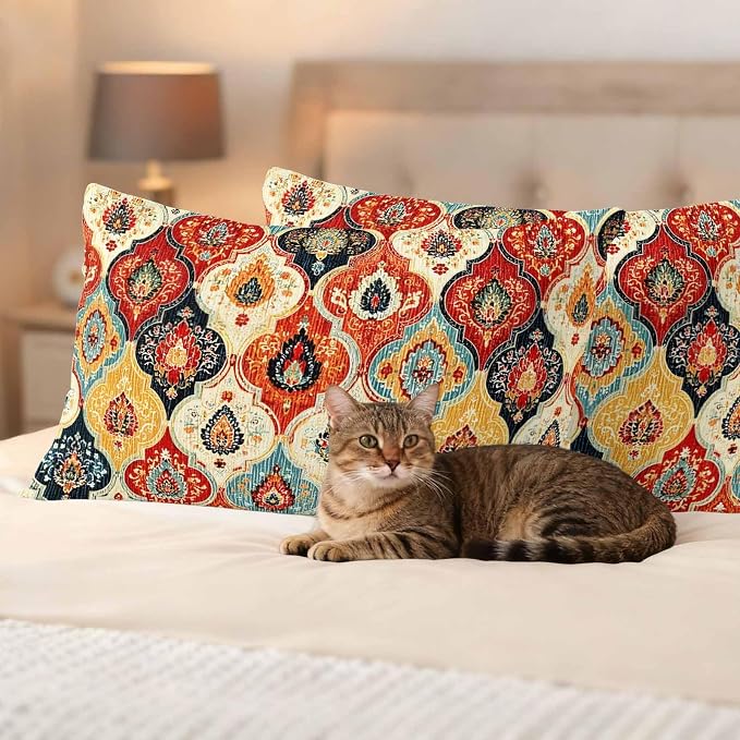 Bohemian Floral Outdoor Pillow Covers 20"x12" Set of 2, Moroccan Exotic Colored Floral Waterproof Throw Pillow Covers for Patio Furniture, Decorative Cushion Covers for Porch