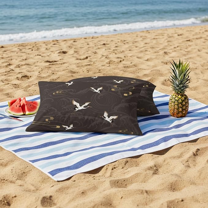 Japanese Style Outdoor Pillow Covers 20x12 Inch Lumbar Pillow Covers Set of 2 Waterproof Decorative Throw Pillow Cases Vintage Cranes Ocean Wave Black Grey Cushion Covers for Patio Furniture Garden