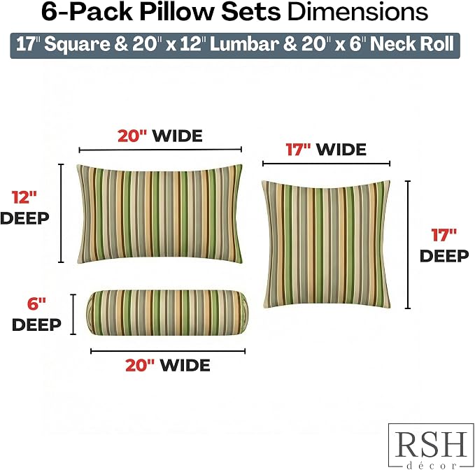 RSH DECOR: 6-Pack Pillow Set | Sunbrella Performance Fabric |Water & Fade-Resistant| 17" Square, 20"x12" Lumbar, 20"x6" Neck Roll | Outdoor Throw Pillows | Made in USA (Samuel Meadows)