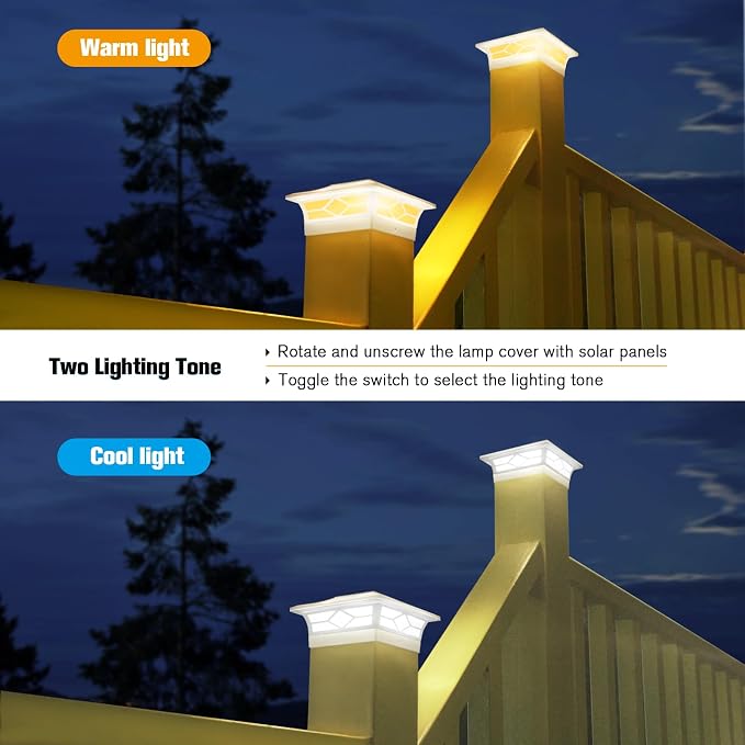 JOFIOS Solar Fence Post Lights, Cap Lights for 4x4/5x5 Vinyl Fence and 4x4/6x6 Wooden Post, Warm White/Cool White Lighting, White Solar Cap Outdoor Waterproof Decorate Garden Pathway Deck Patio