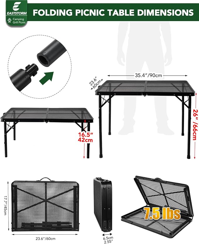 3 ft Folding Table with Adjustable Height, Camping Table with Carry Handle, Metal Mesh Table ,Portable Grill Table for Camping, Tailgating, BBQ, Picnic & Indoor, Fits 3–6 People, Supports 66 lb, Black