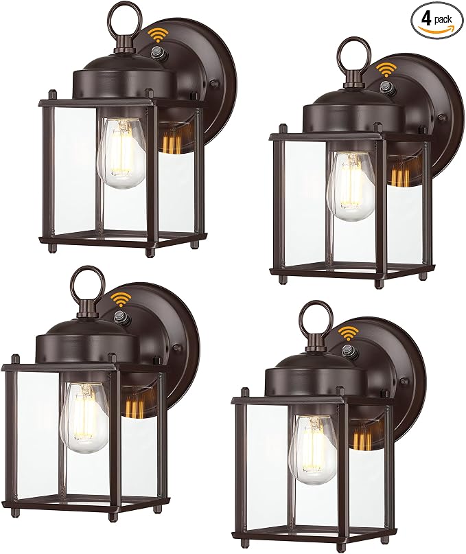 Outdoor Wall Light, Porch Lamp, Dusk to Dawn, Bronze | Exterior Wall Sconce Fixture for House, Garage, Patio, Rustproof Waterproof, Metal Housing with Glass, E26 Base, 4 Pack
