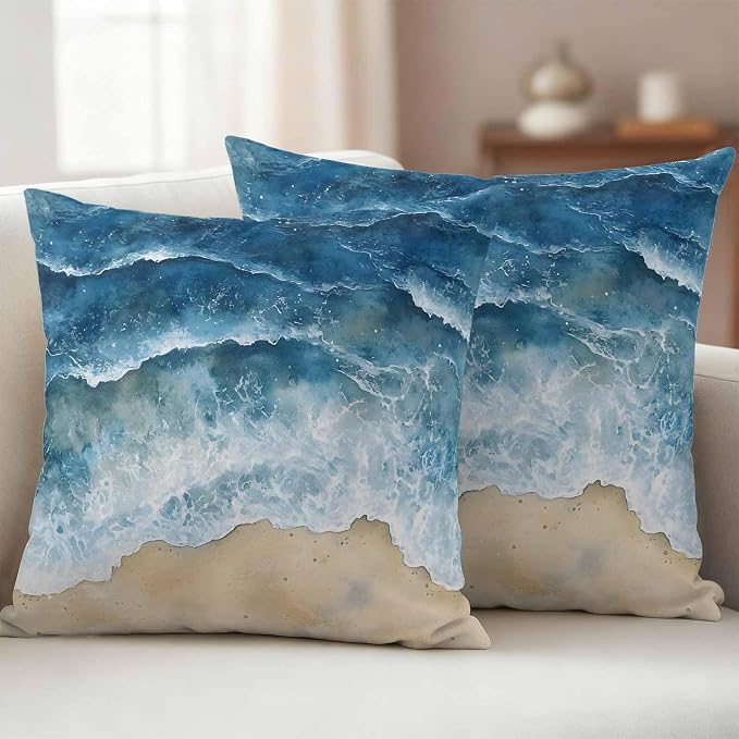 Abstract Waves Outdoor Waterproof Throw Pillow Covers Set of 2, 16"x16", Blue Ocean Spray Beach Watercolor Decorative Pillow Covers Outside Cushion Case for Patio Porch Garden