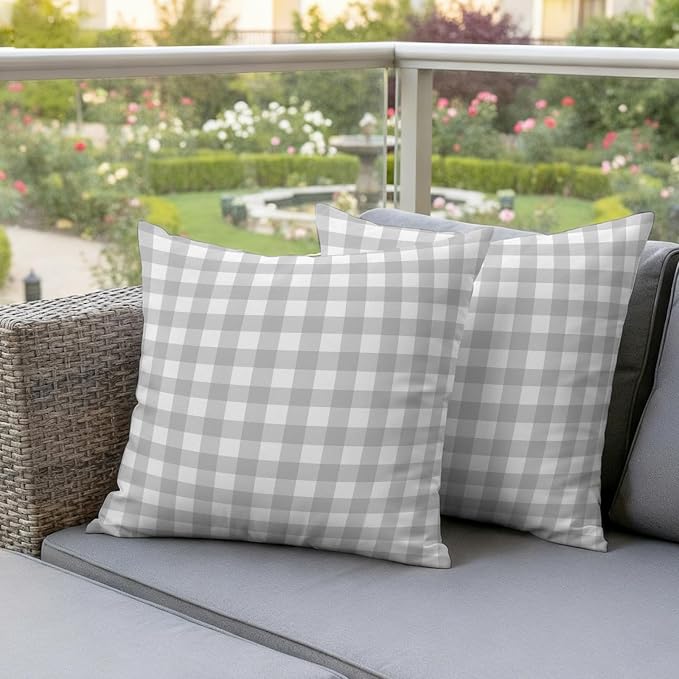 Light Gray Checks Outdoor Pillow Covers 16"x16" Set of 2, Gingham Plaid Abstract Modern Minimalist Waterproof Throw Pillow Covers for Patio Furniture, Decorative Cushion Covers for Porch