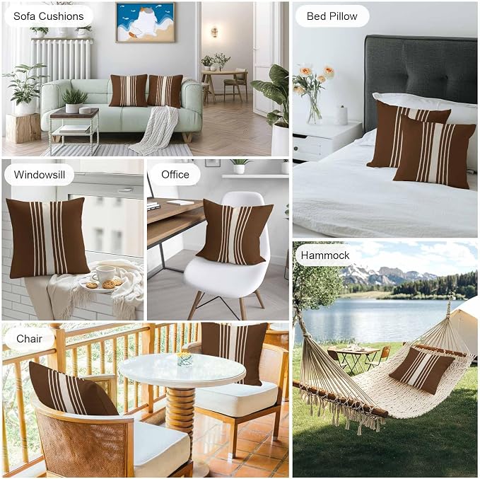 Throw Pillow Covers 16x16 Inch Set of 2, Brown Beige Striped Waterproof Outdoor Cushion Covers, Modern Farmhouse Retro Lines Decorative Pillowcases for Couch, Sofa, Bed, Garden, Patio
