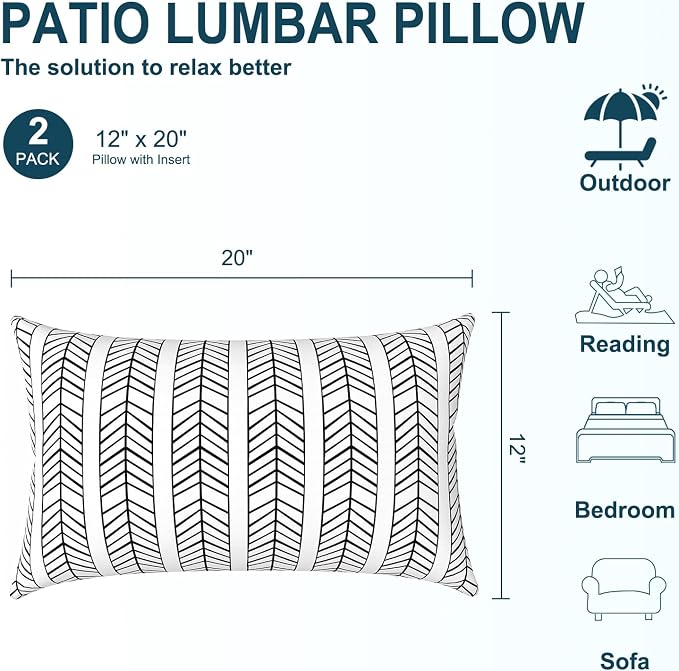 DYTXIII Pack of 2 Waterproof Outdoor Lumbar Pillow with Inserts, 12x20 in Rectangle Decorative Patio Throw Pillow for Home, Sofa,Bench and Patio Furniture, Herringbone Black White