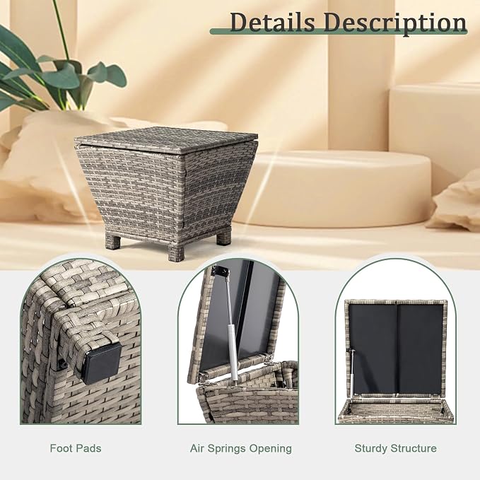 Ochine Outdoor Wicker Storage Side Table, Outdoor Wicker Side Table with Storage, Patio Brown PE Rattan End Table with Storage, Square Container for Furniture Covers, Gardening Tools, etc