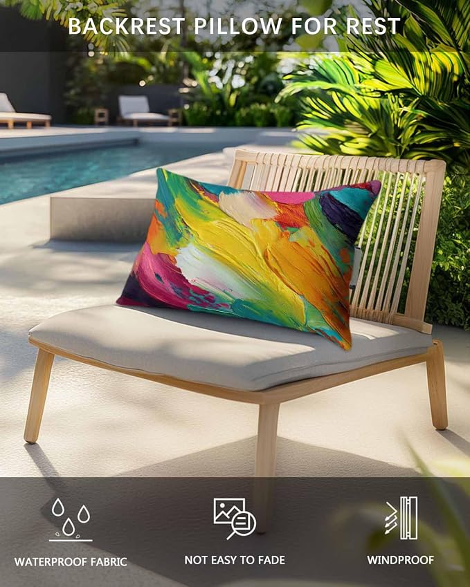 Pack of 4 Colorful Oil Painting Lumbar Pillow Covers, Outdoor Waterproof Throw Pillow Covers Set, Modern Abstract Art Rainbow Color Decorative Cushion Case for Patio Beach, 11x16 Inch