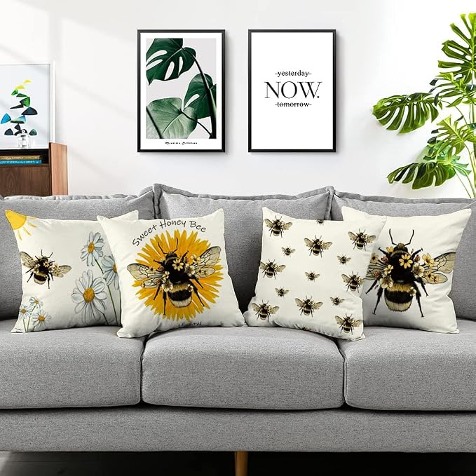 Outdoor Bee Pillow Covers Waterproof Furniture Decor Patio Garden Bee Decorations for Home Outside Chair Cushions Throw Pillows 18x18 Inch Set of 4 Decorative for Couch Sofa ﻿
