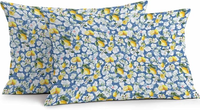 Yukro Summer Lemon Outdoor Waterproof Pillow Covers Pack of 2, Yellow Fruit White Flowers Country Plant Blue Throw Pillowcases Decorative Cushion Covers for Garden Patio Tent Sofa Couch, 20x12 inch