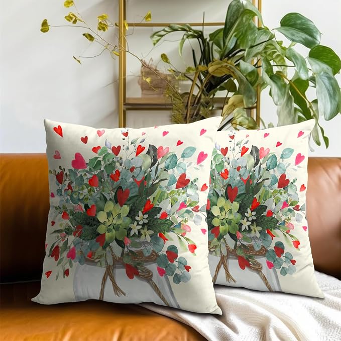 Eucalyptus Love Heart Pillow Covers 16x16, Mason Jar Leaves Red Hearts Valentine's Day Decorative Pillow Cases Soft Square Cushion Cover for Wedding Party Home Decor Set of 2