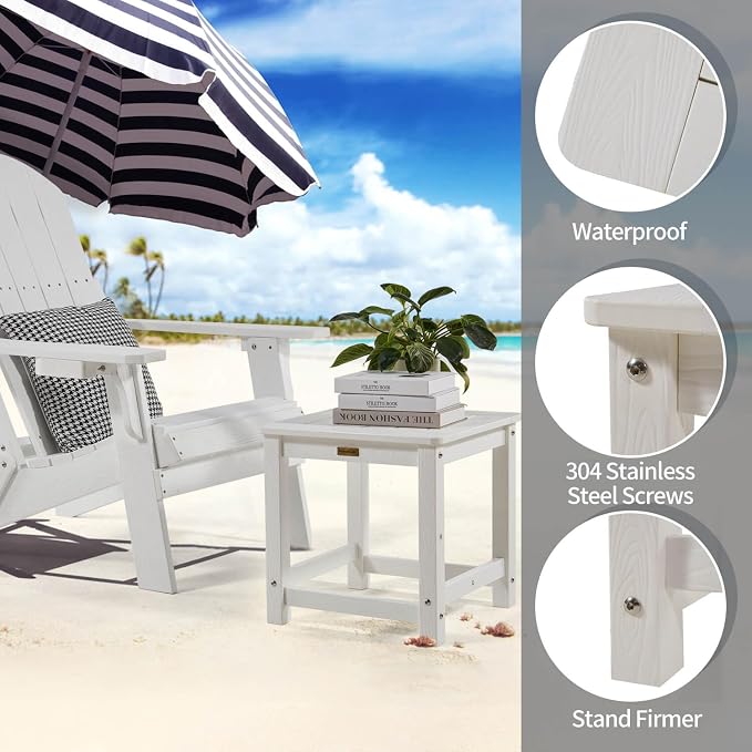 Outdoor Side Table Set of 2, HIPS Plastic Composite Adirondack Patio Table, Weather Resistant End Tables for Outside, Indoor, Patio, Garden, Pool, Porch, Backyard, Lawn, Deck - White