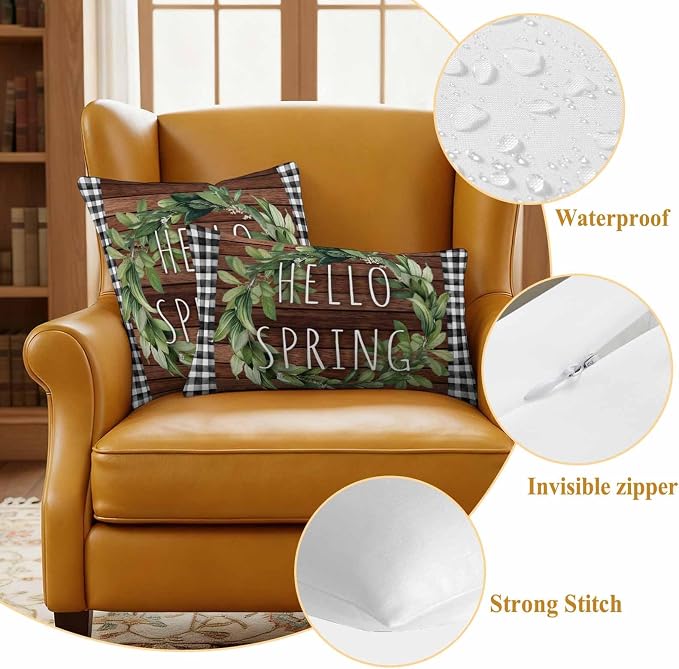 Hello Spring Outdoor Pillow Covers Pack of 2 Green Leaf Plant Black Plaid Brown Wood Grain Waterproof Throw Pillow Covers Decorative Cushion Cases for Patio Garden Tent Balcony Couch 20x12 inch