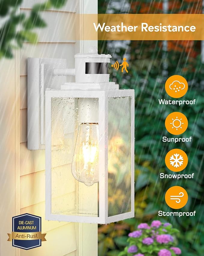 VIANIS 2 Pack Motion Sensor Exterior Lighting Fixtures Wall Mount, Modern White Outdoor Garage Lights, Anti-Rust Waterproof Outdoor Wall Sconce for House Coach Entryway, Dusk to Dawn Front Porch Light